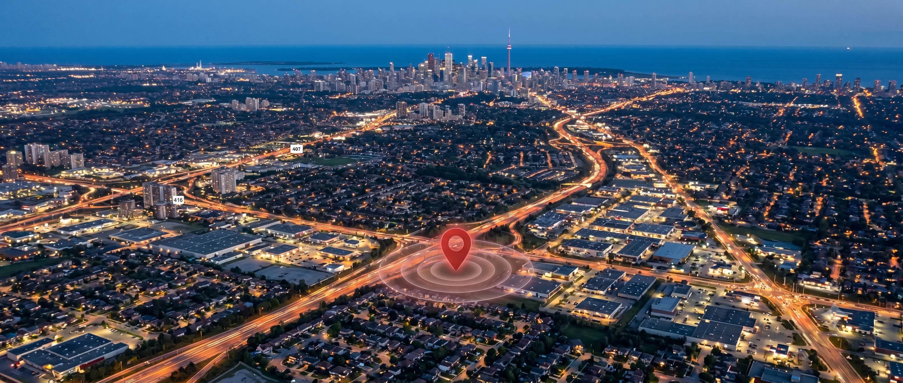 Aerial view of the Greater Toronto Area at dusk